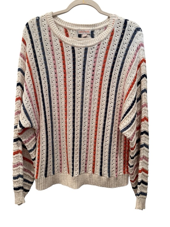 Knox Rose Sweaters - Knox Rose Cream Striped Open-Knit Crewneck Sweater Cotton Layer Sz L